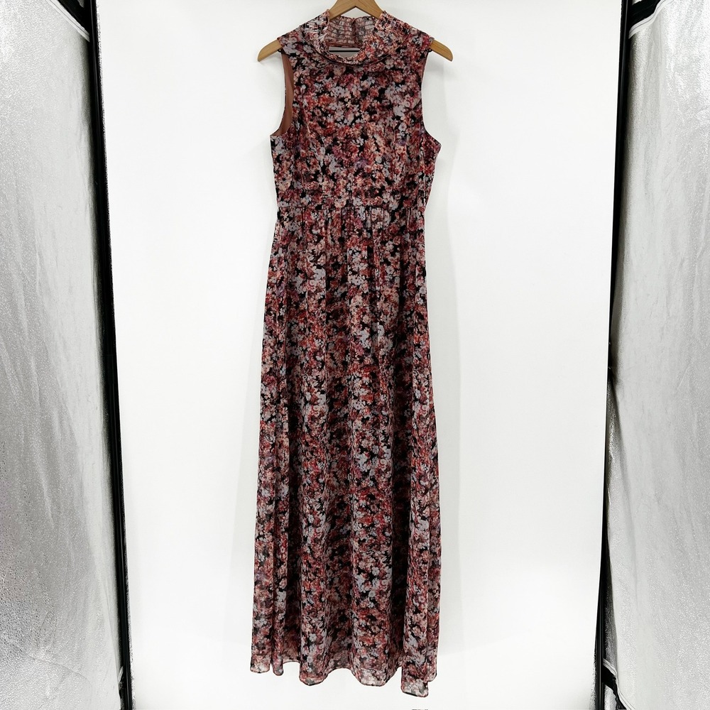 BCBGGeneration Floral Maxi Dress Sleeveless Mock Neck Red Pink Black Size 10